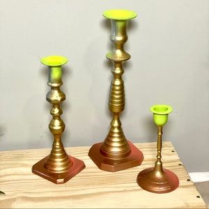 Set of Bohemian Painted Brass Candlestick Holders